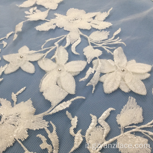 Pizzo Tulle ricamato fiore bianco sporco 3D
